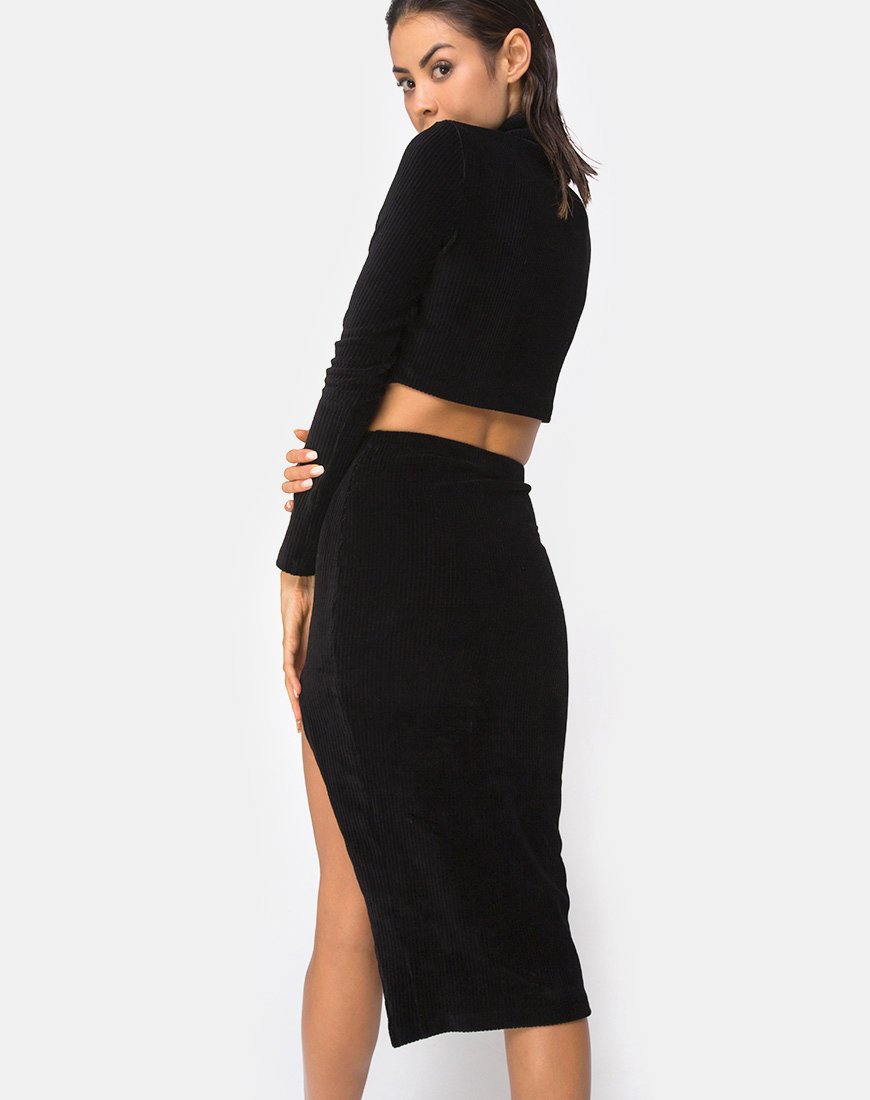 Cheri Midi Skirt in Rib Black