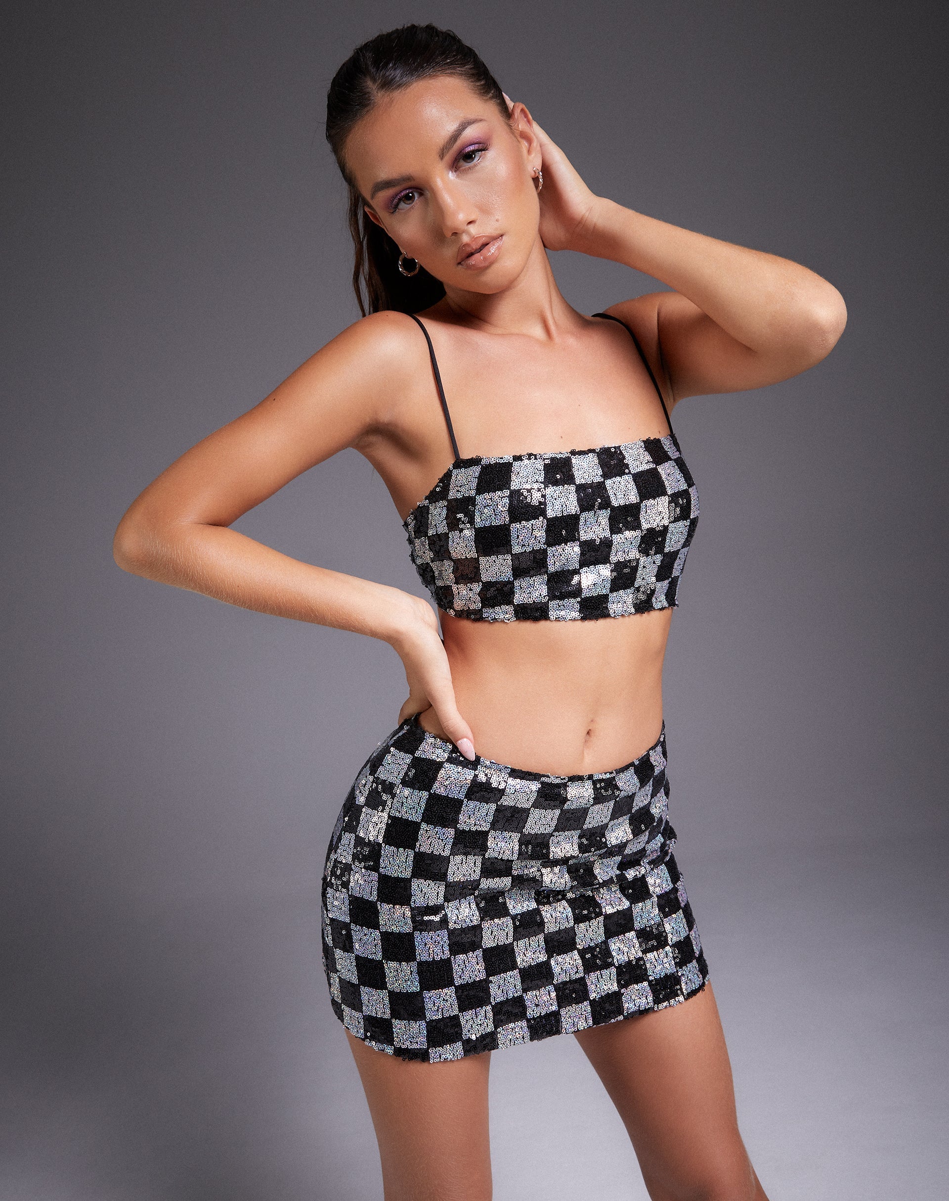 Image of Keyan Tube Top in Checkerboard Sequin Black and Silver