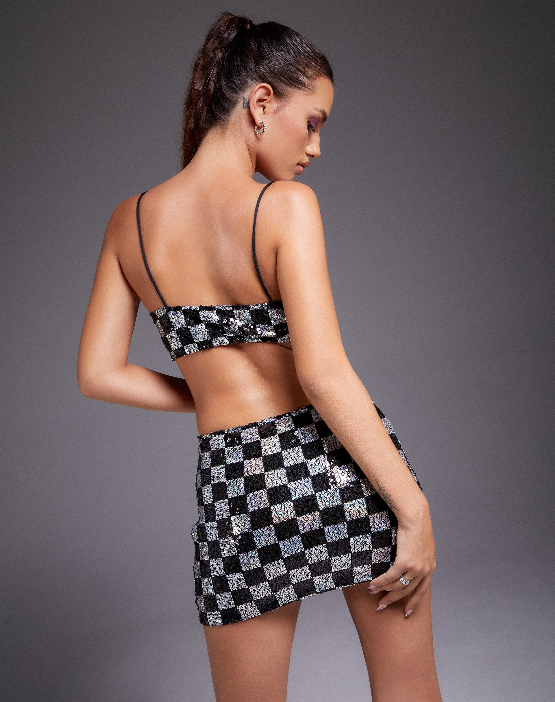 Image of Keyan Tube Top in Checkerboard Sequin Black and Silver