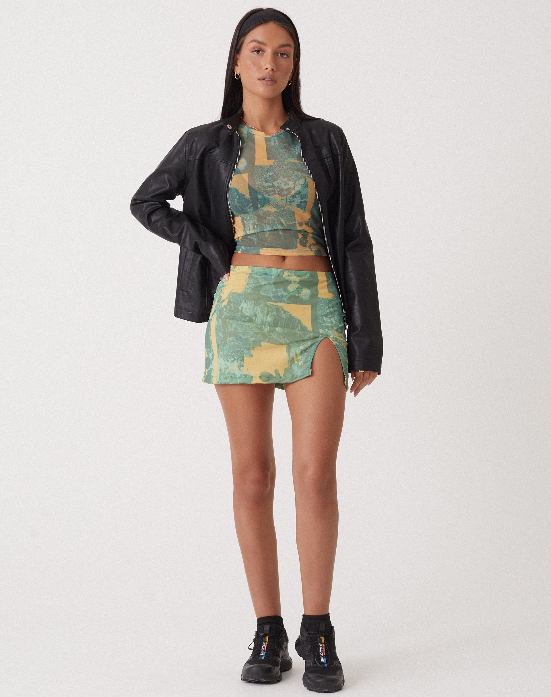 image of MOTEL X OLIVIA NEILL Pelma Mini Skirt in Collage Floral Shadow Green