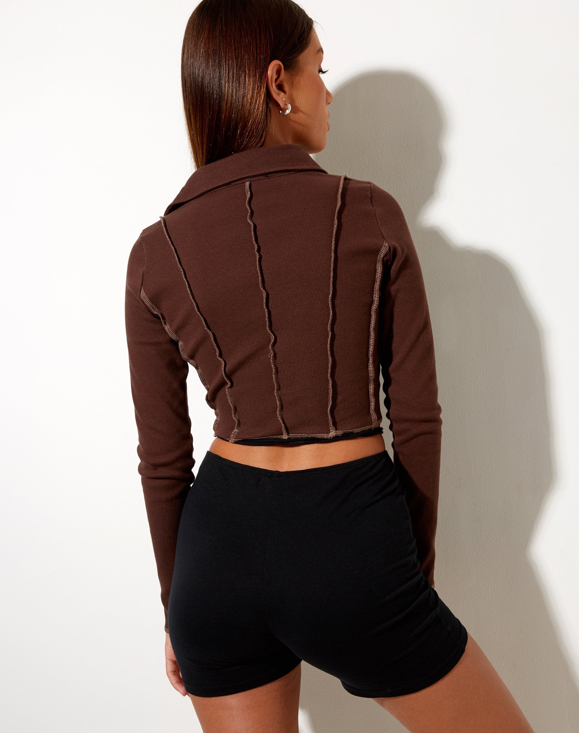 Image of Nandy Crop Top in Rib Deep Mahogany with Brown Stitching