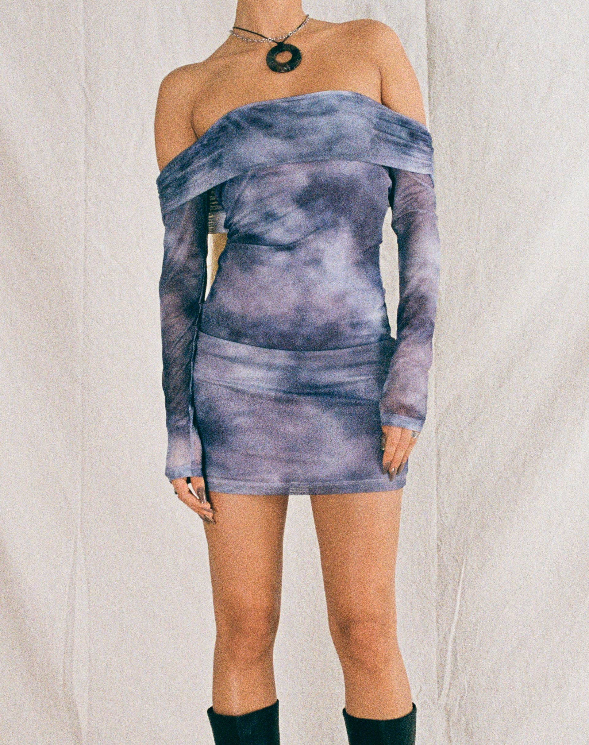 image of Nasami Long Sleeve Mesh Mini Dress in Smokey Gradients Purple