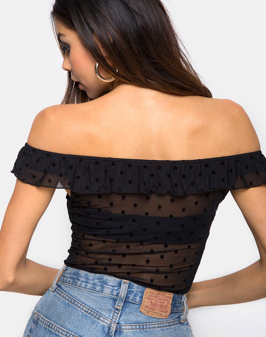 Image of Natalia Off The Shoulder Bodice in Polka Net Black
