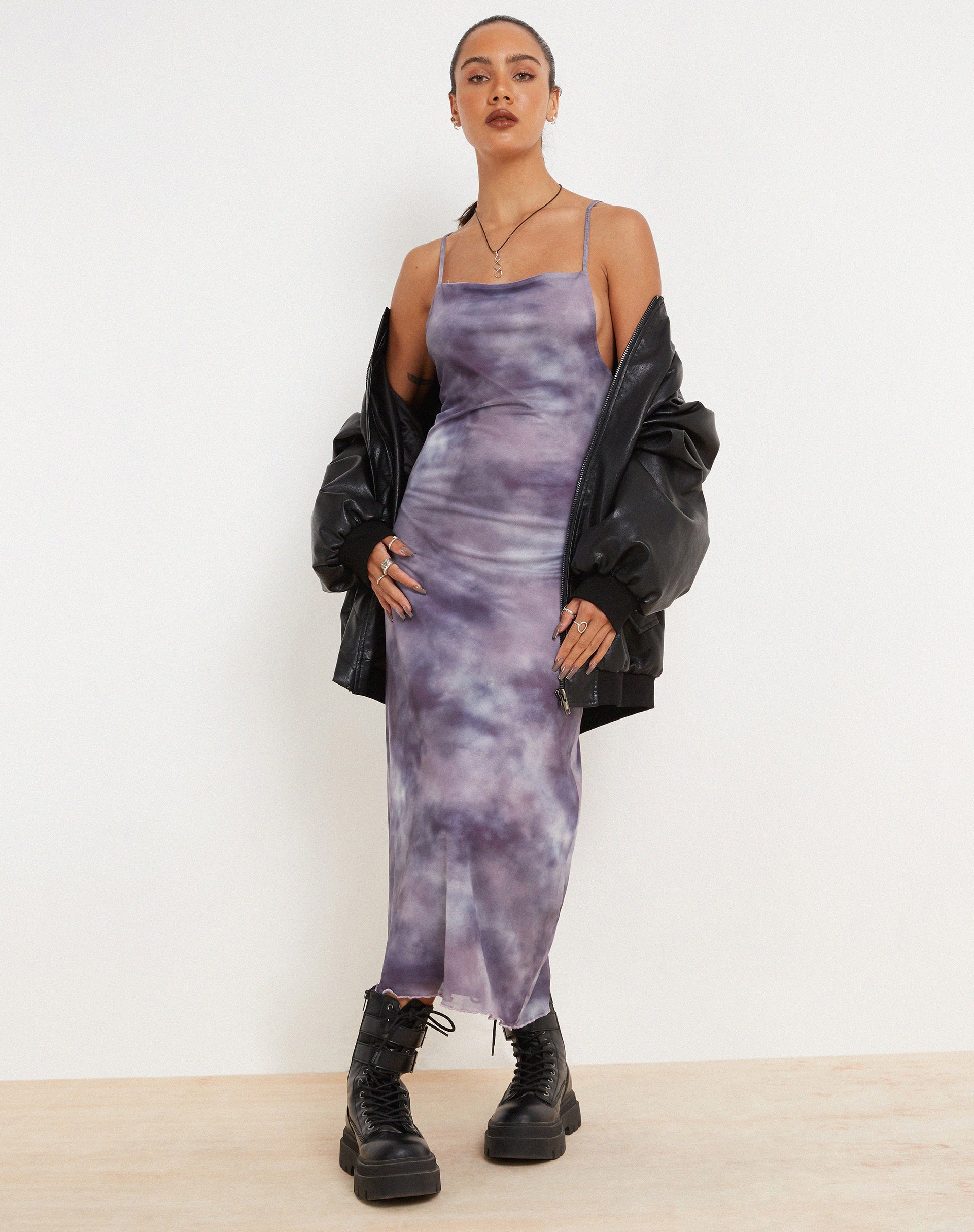 image of Norishi Printed Mesh Midi Dress in Smokey Gradients Purple