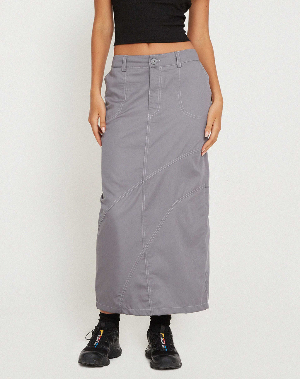 Reese Cargo Midi Skirt in Charcoal Grey with White Stitch
