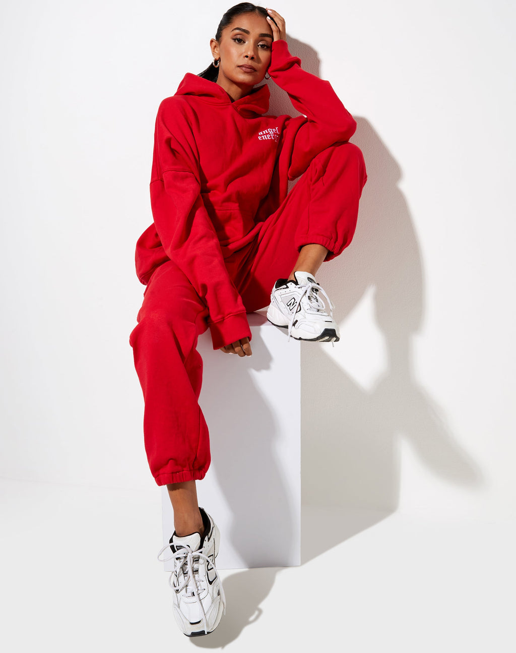 Oversize Hoodie in Racing Red with 'Angel Energy' Embro