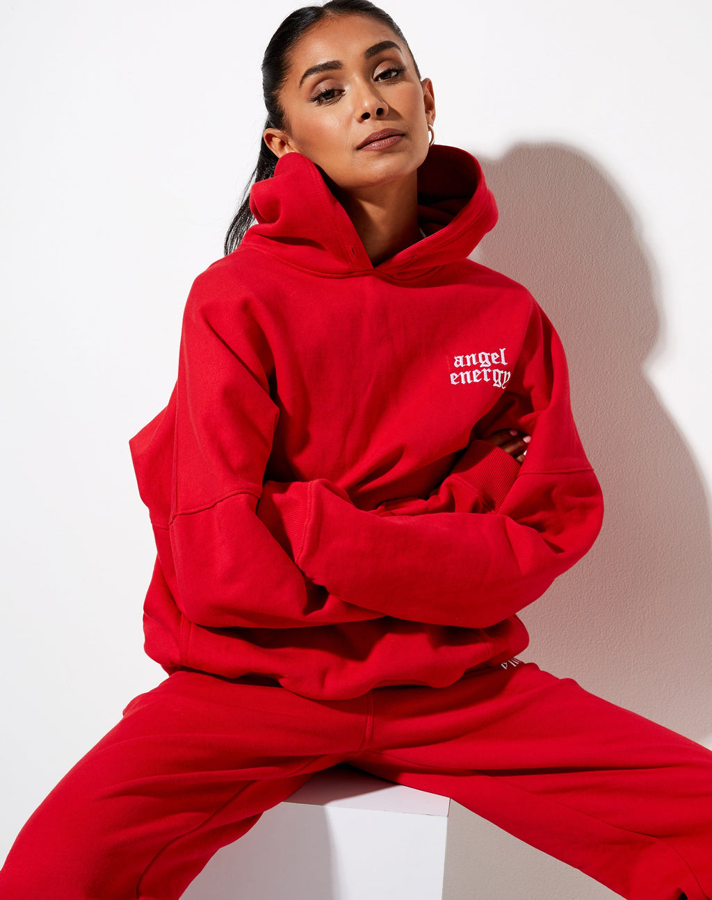 Oversize Hoodie in Racing Red with 'Angel Energy' Embro