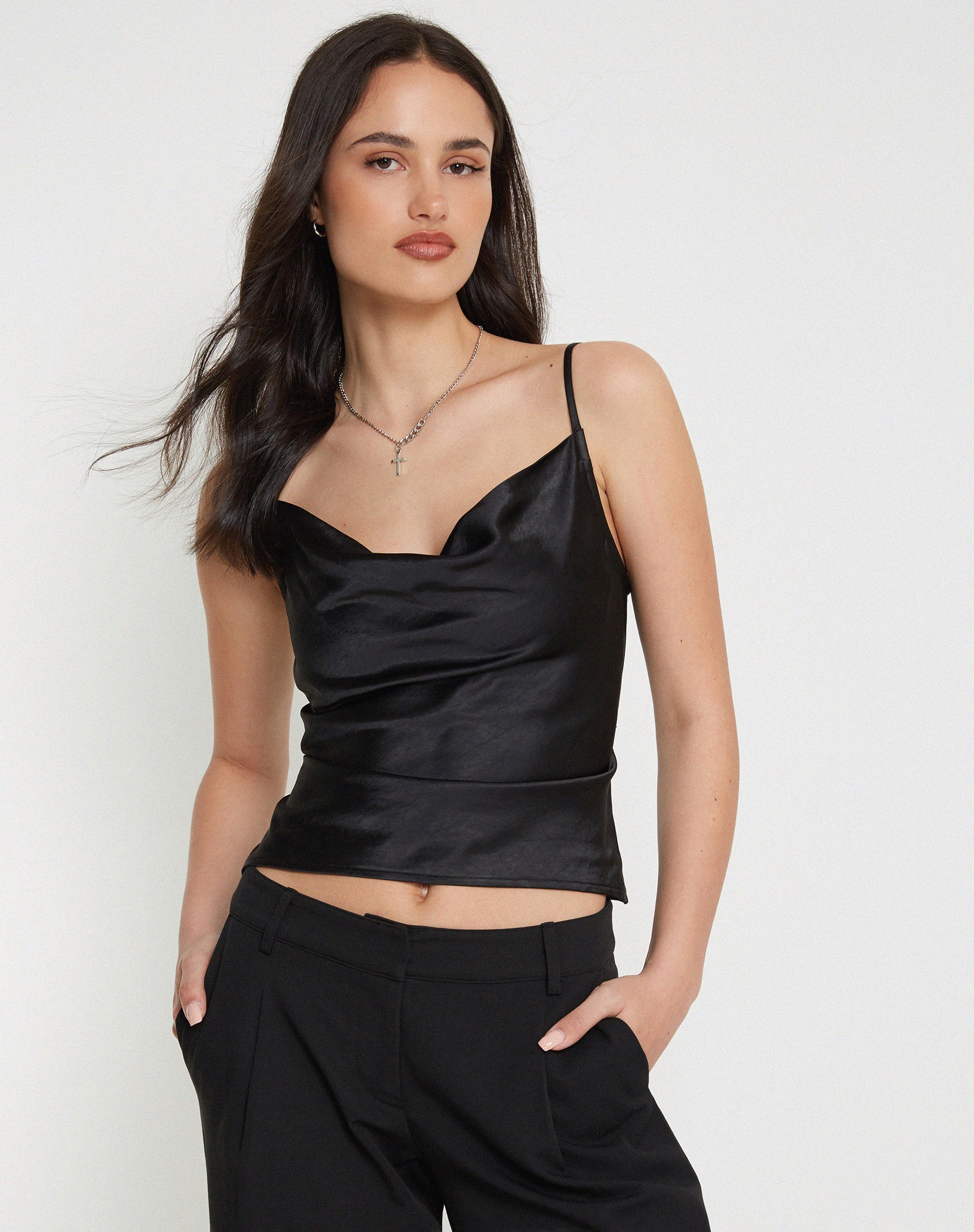 Image of Paiva Cowl Neck Top in Satin Black