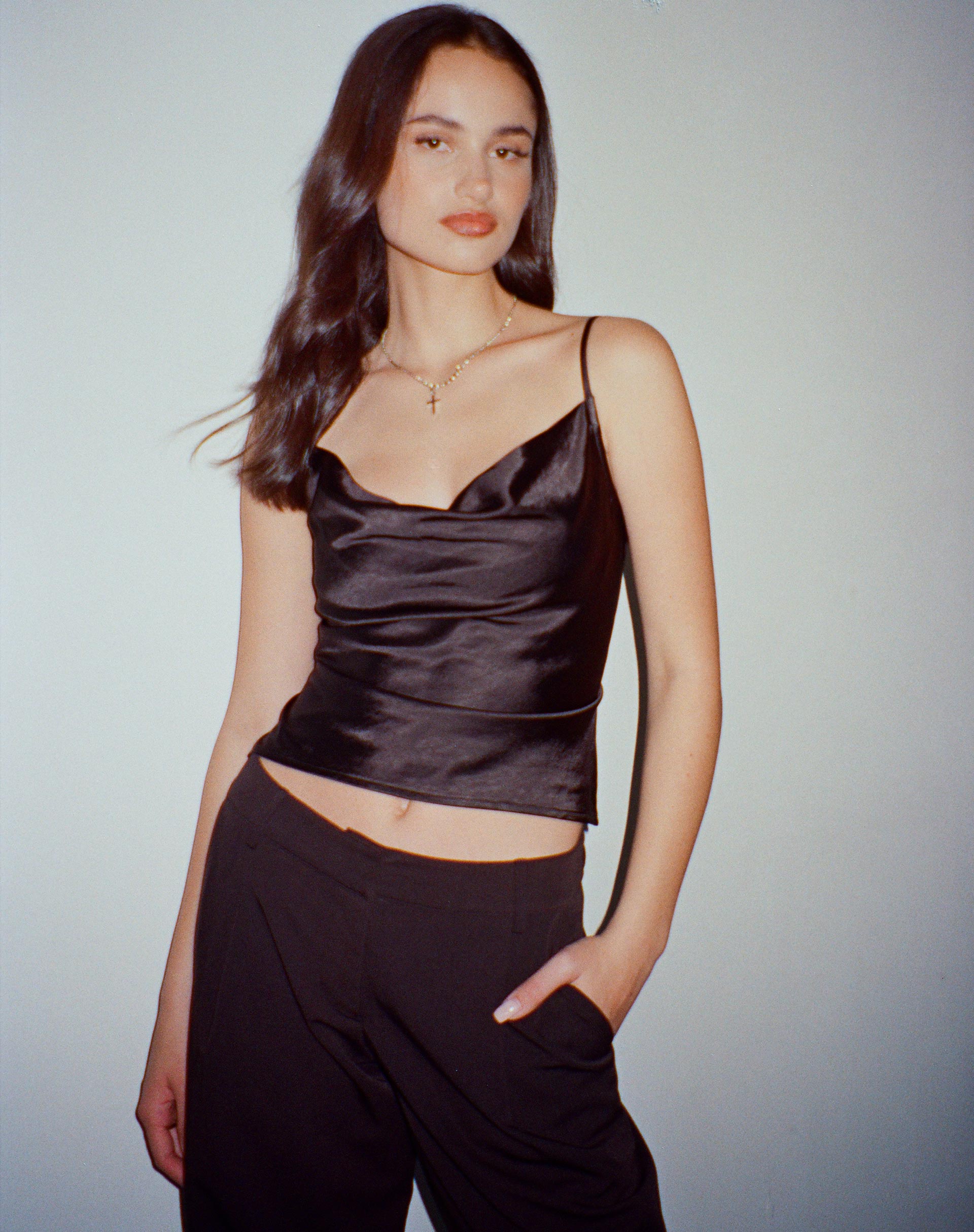 Image of Paiva Cowl Neck Top in Satin Black