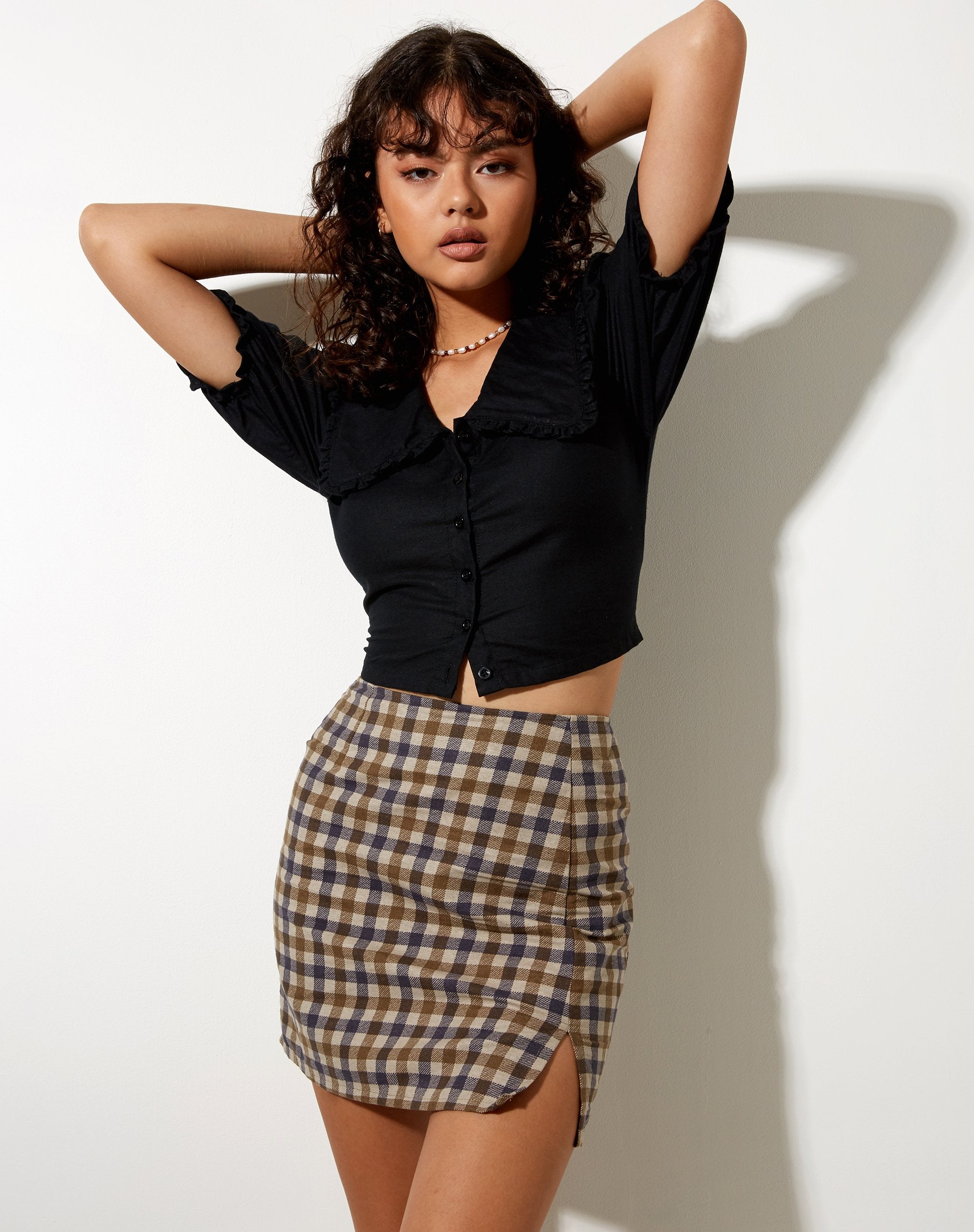 High Waist Tan and Navy Check Print Mini Skirt | Pelmy