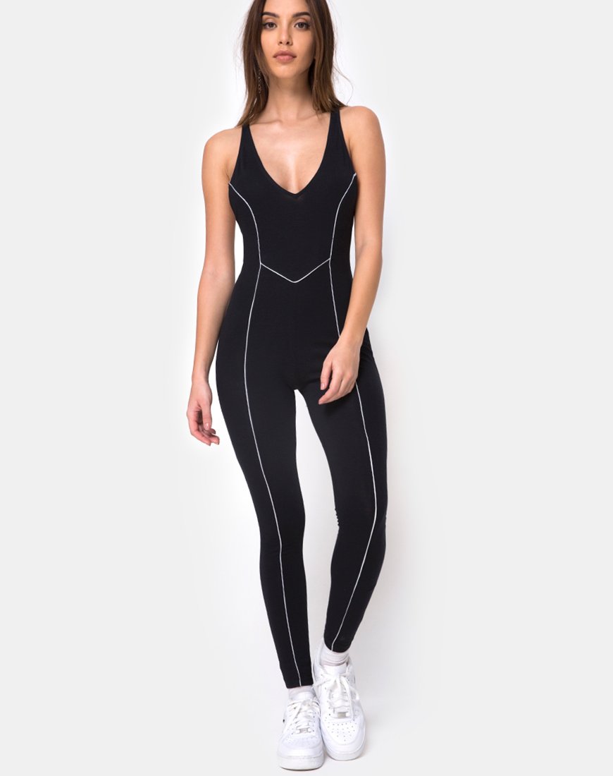 Image of Pion Plunge Catsuit in Black with Piping Line