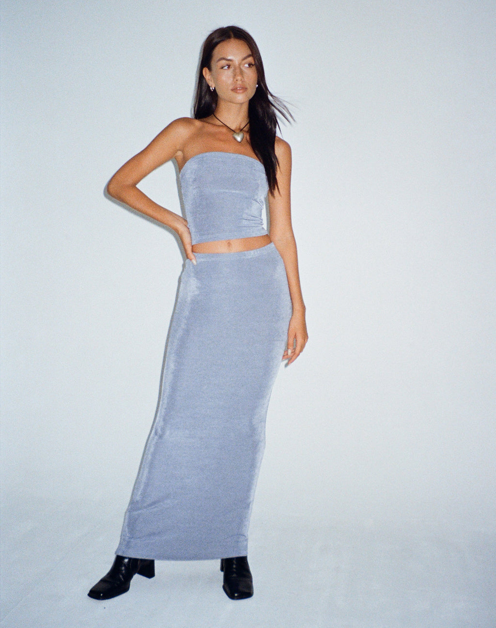 Tulus Low Rise Maxi Skirt in Slate Blue