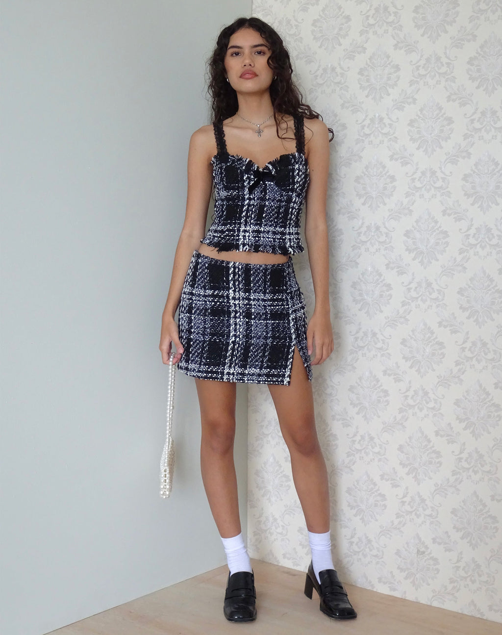 Mela Mini Skirt in Check Black and White