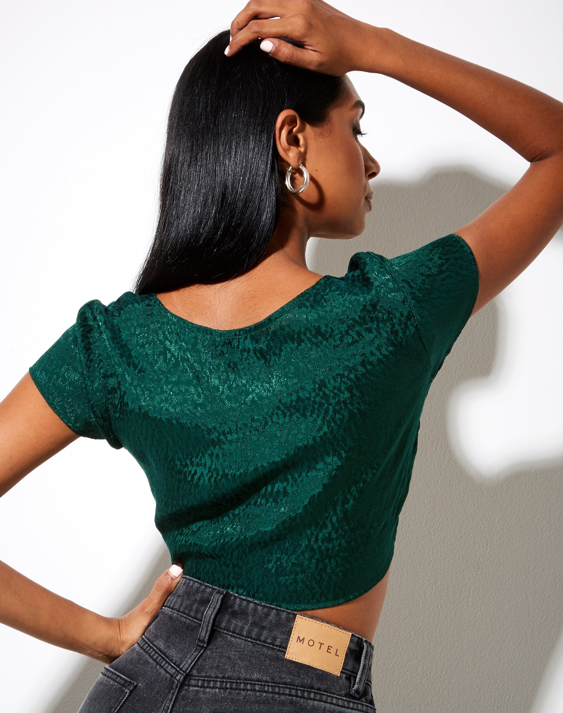 Image of Raeto Crop Top in Satin Cheetah Forest Green