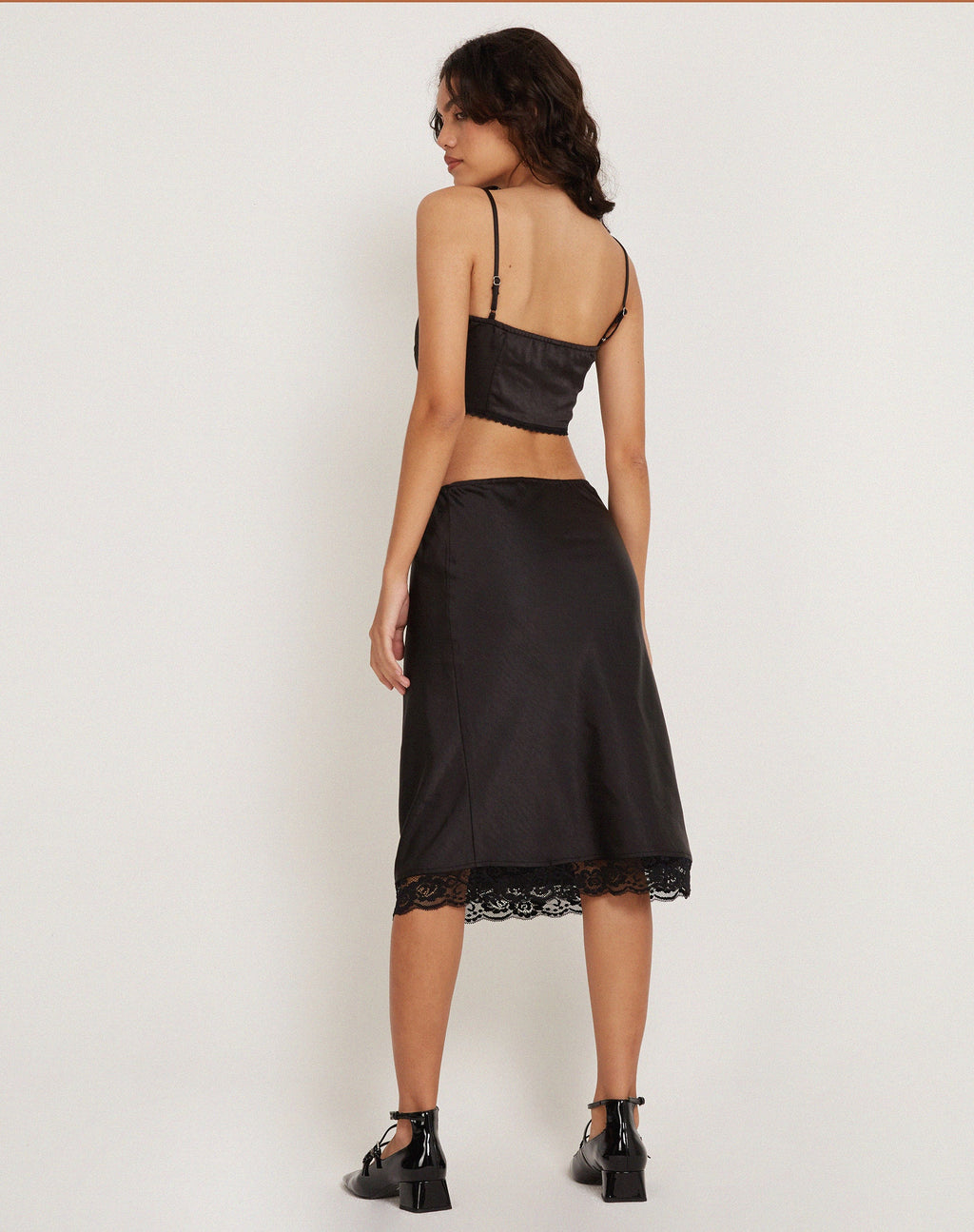 Resira Midi Skirt in Satin Pearled Black with Lace