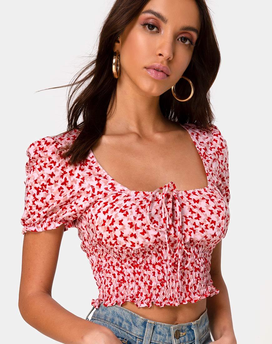 Image of Raquel Crop Top in Ditsy Butterfly Peach and Red