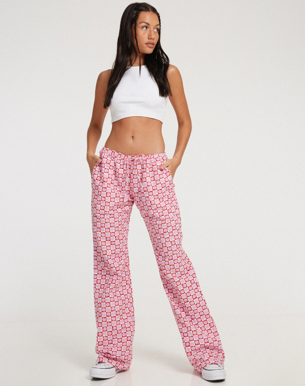 Raya Wide Leg Trousers in Apple Check Blush Red