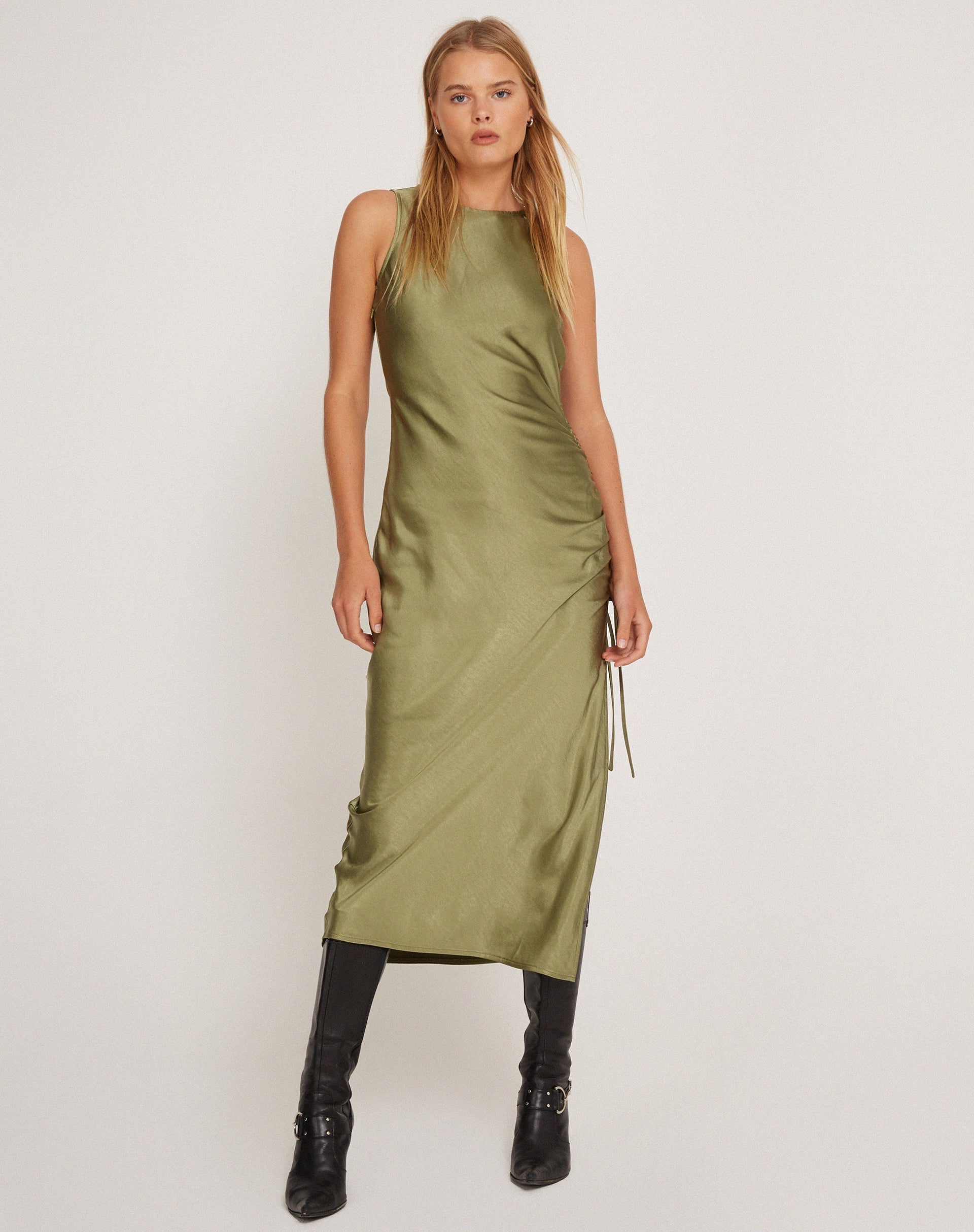 image of Raybu Ruched Midi Dress in Satin Olive