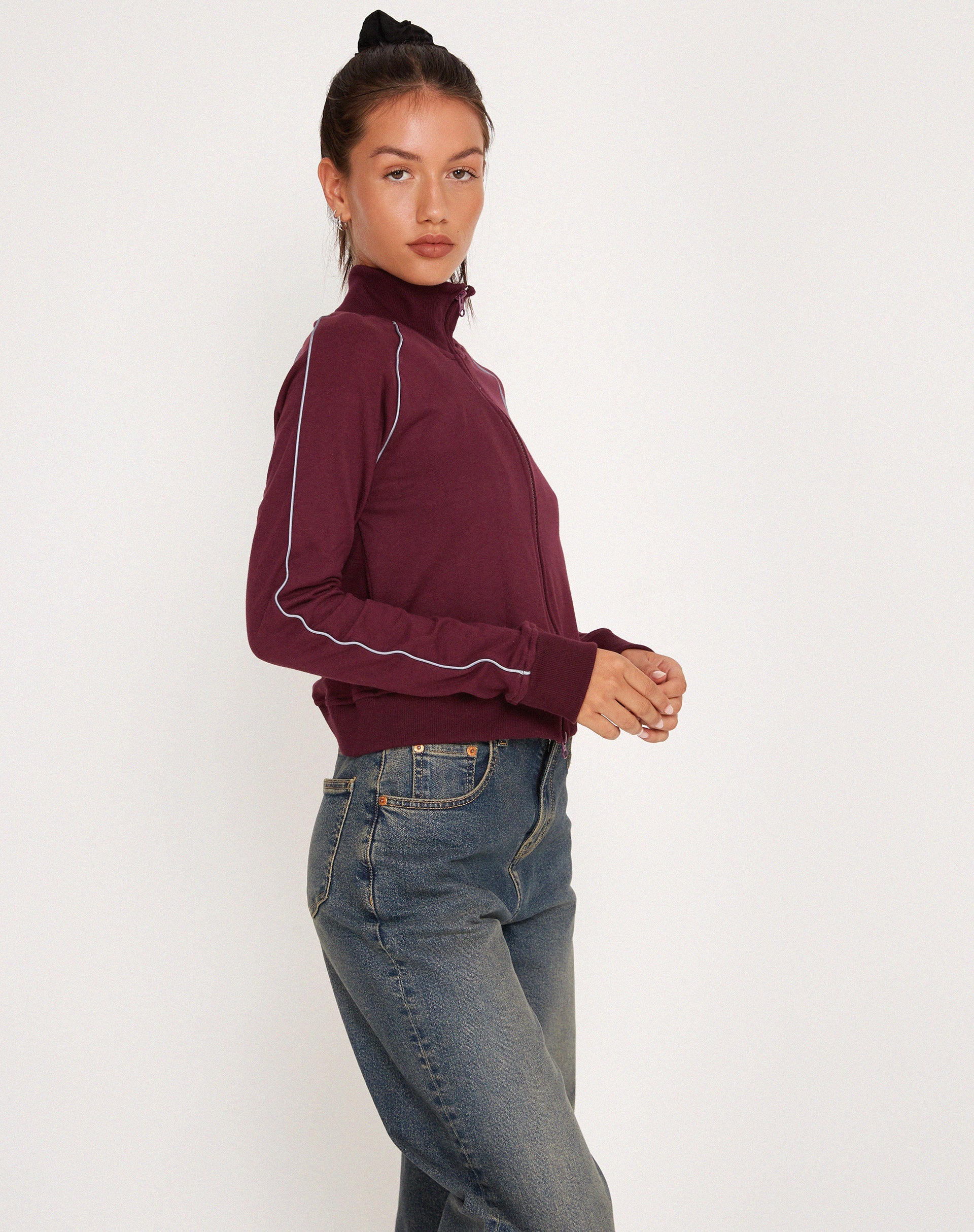 Image of Patrice Zip Up High Neck Sweater in Oxblood with Grey Piping