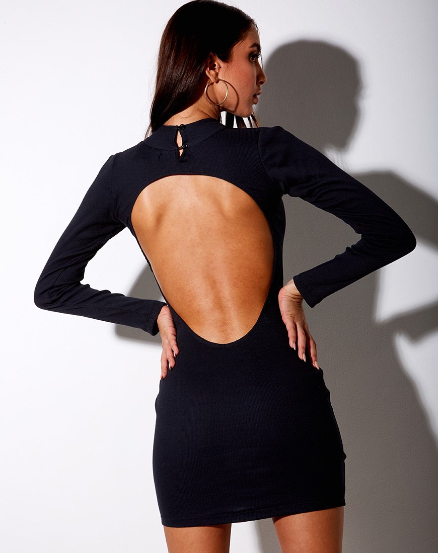 Image of Quelin Backless Dress in Rib Black