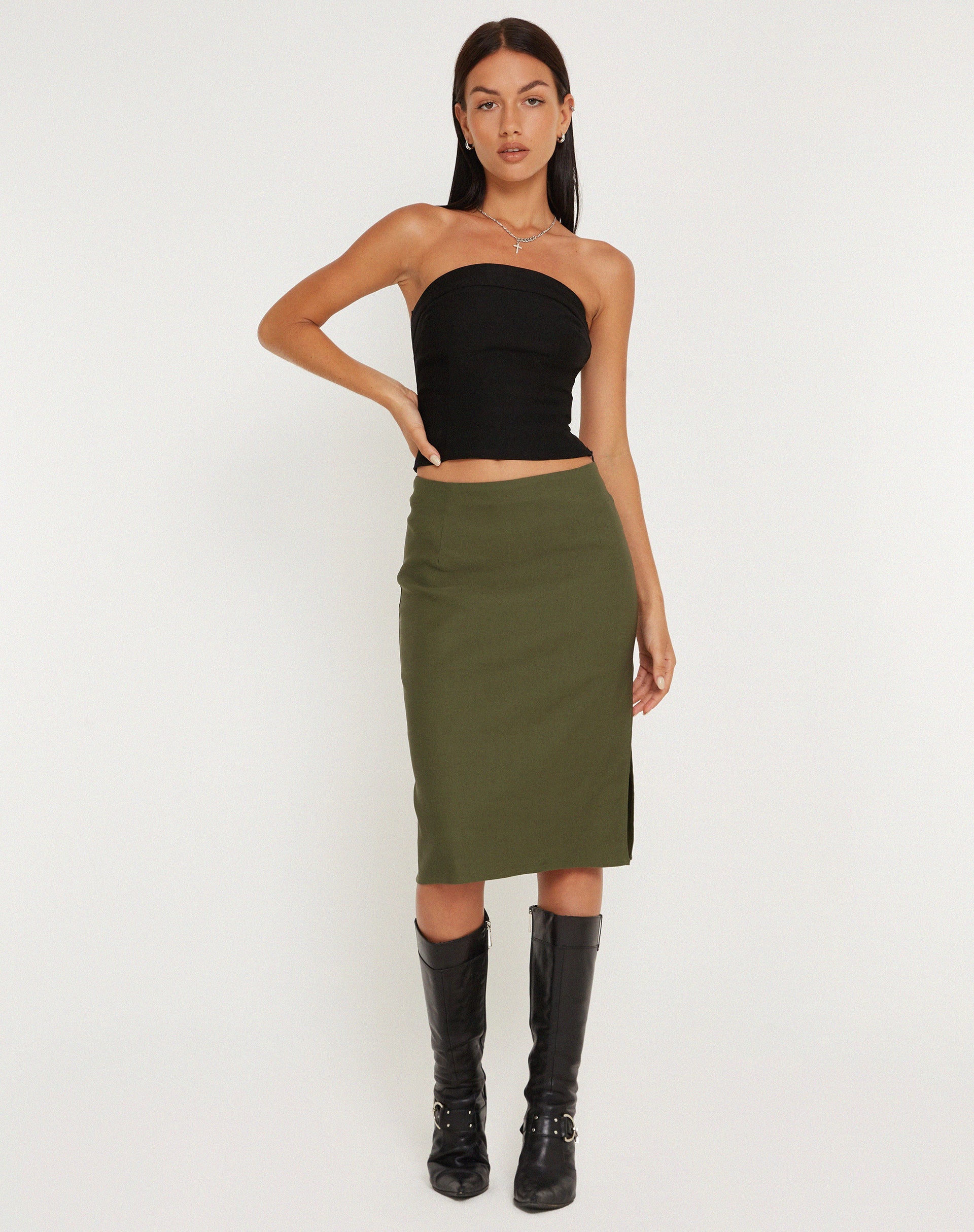 image of Sekoji Side Slit Midi Skirt in Khaki