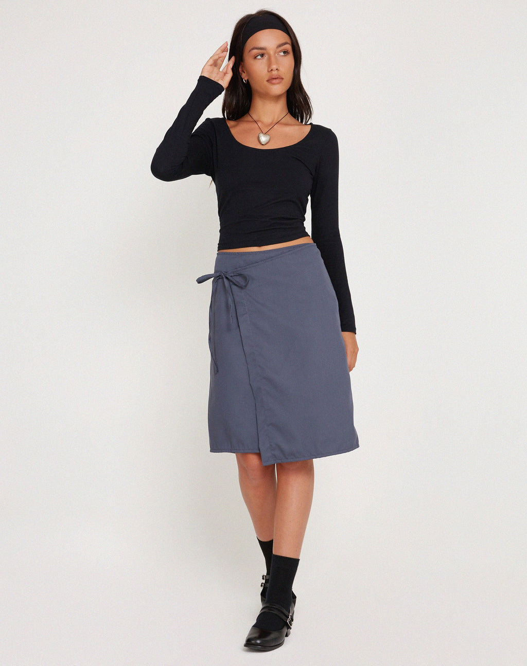 Yarbie Wrap Detail Midi Skirt in Charcoal Navy