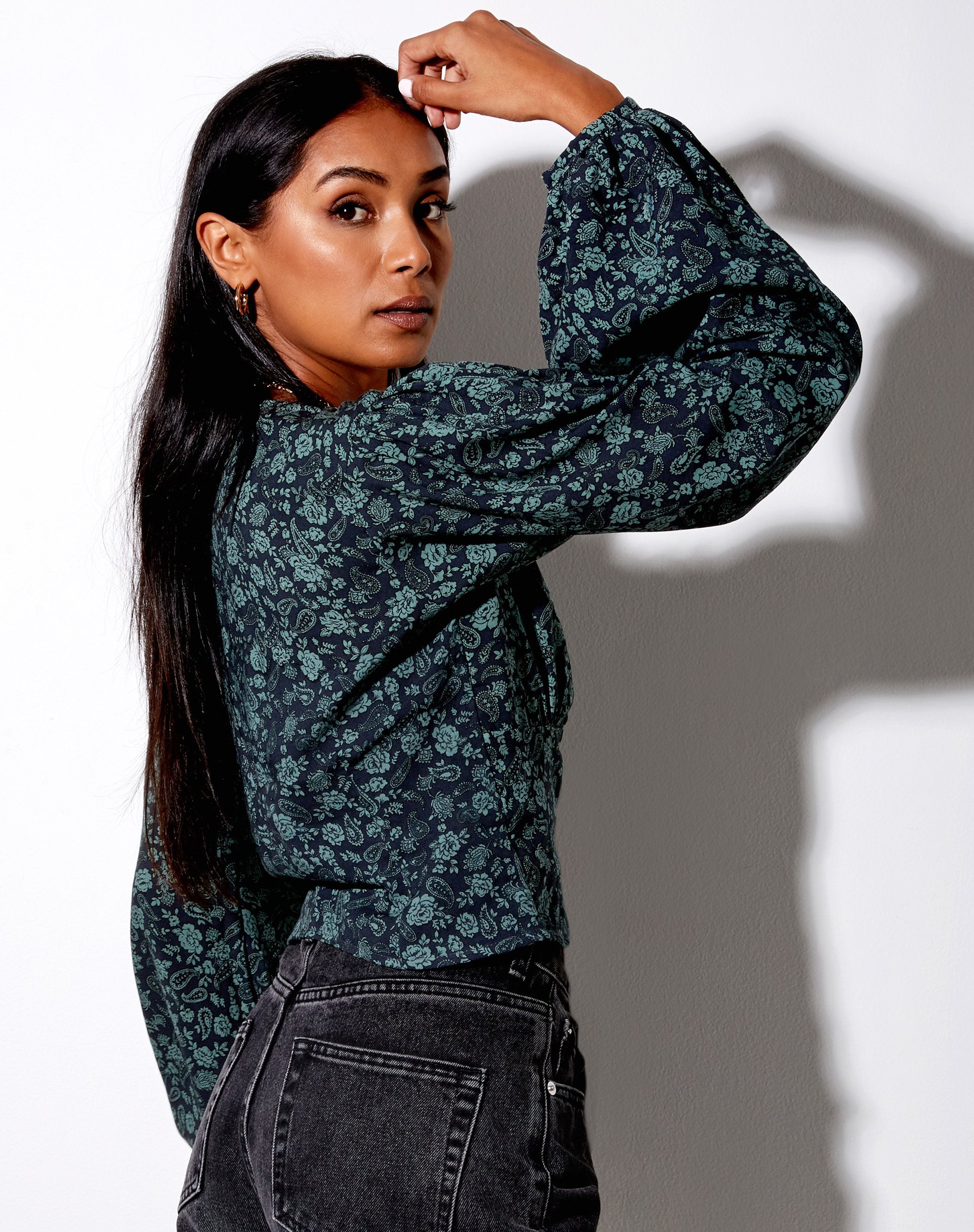 Image of Romina Long Sleeve Top in Mono Paisley Sage