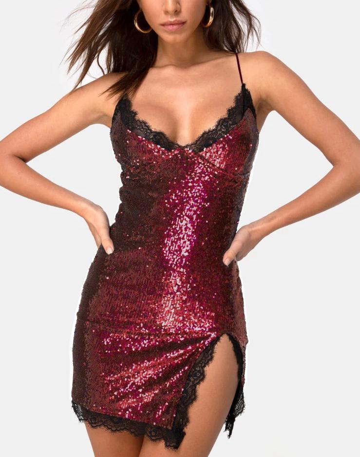 Image of Romini Dress in Burgundy Mini Sequin with Black Lace