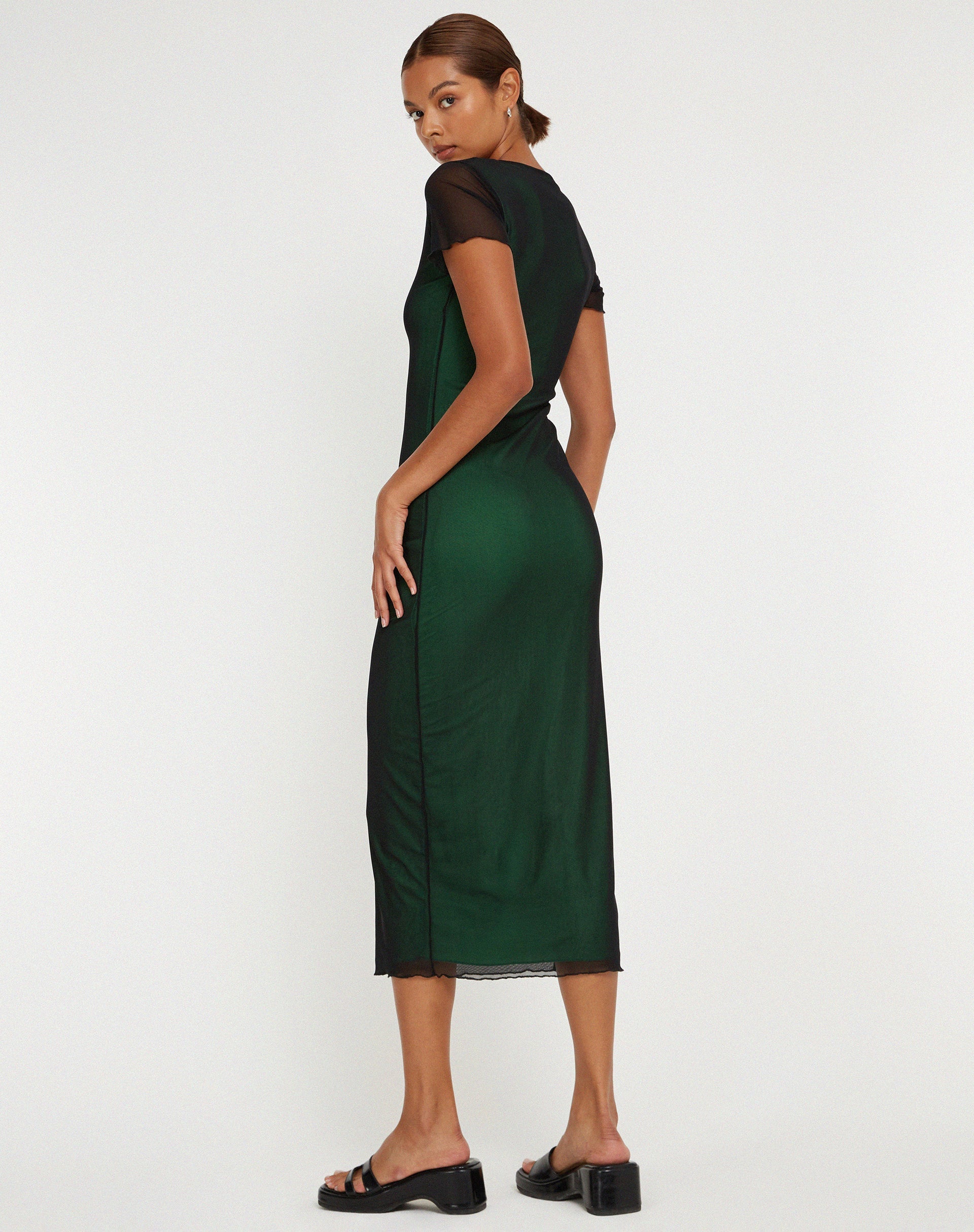 image of Roska Midi Dress in Black with Vibrant Green Lining