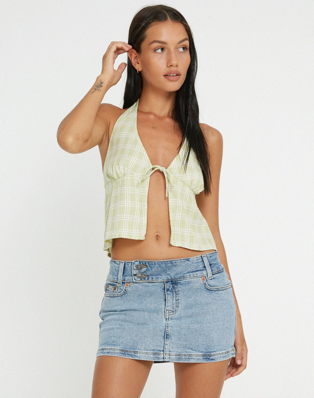 Roula Halter Top in Sage Check