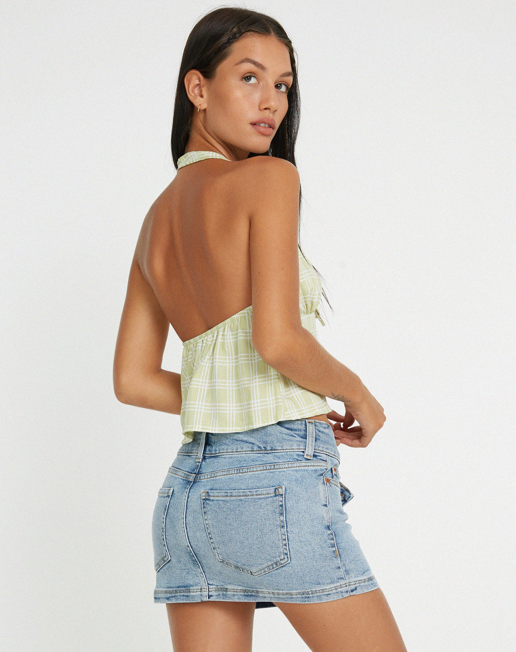 Roula Halter Top in Sage Check