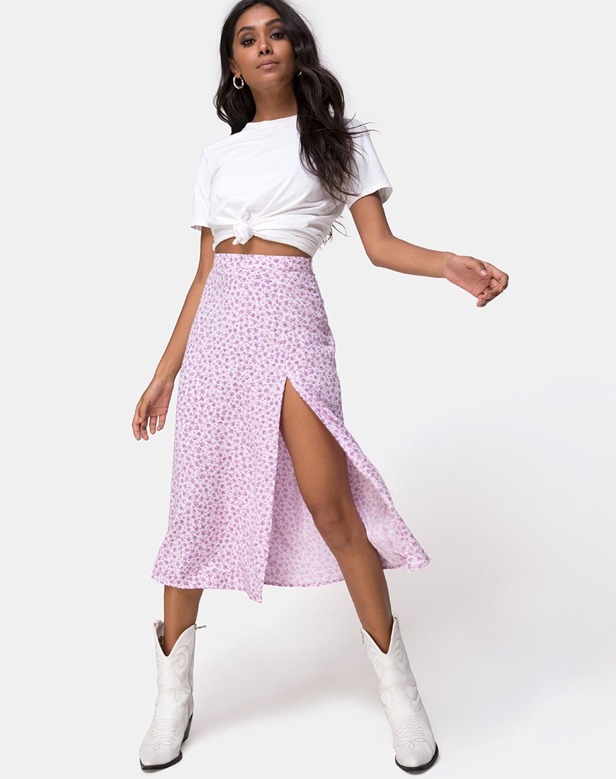 Image of Saika Midi Skirt in Ditsy Rose Lilac