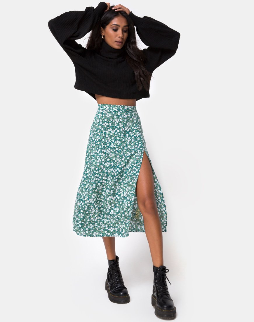 Image of Saika Midi Skirt in Floral Field Green