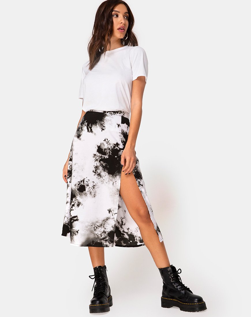 Image of Saika Midi Skirt in Mono Tie Dye Black and White