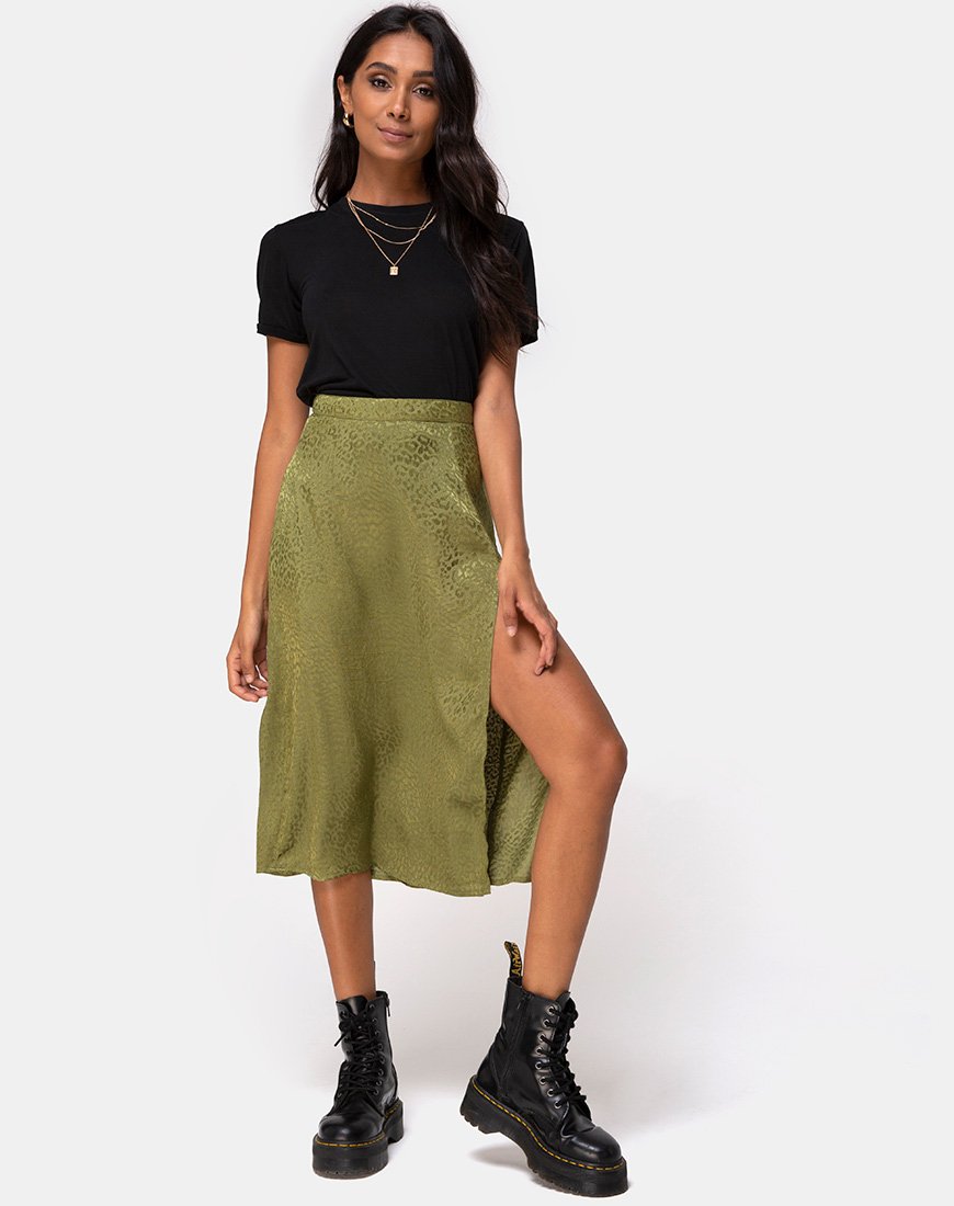 Khaki Cheetah Midi Skirt | Saika – motelrocks-com-aus