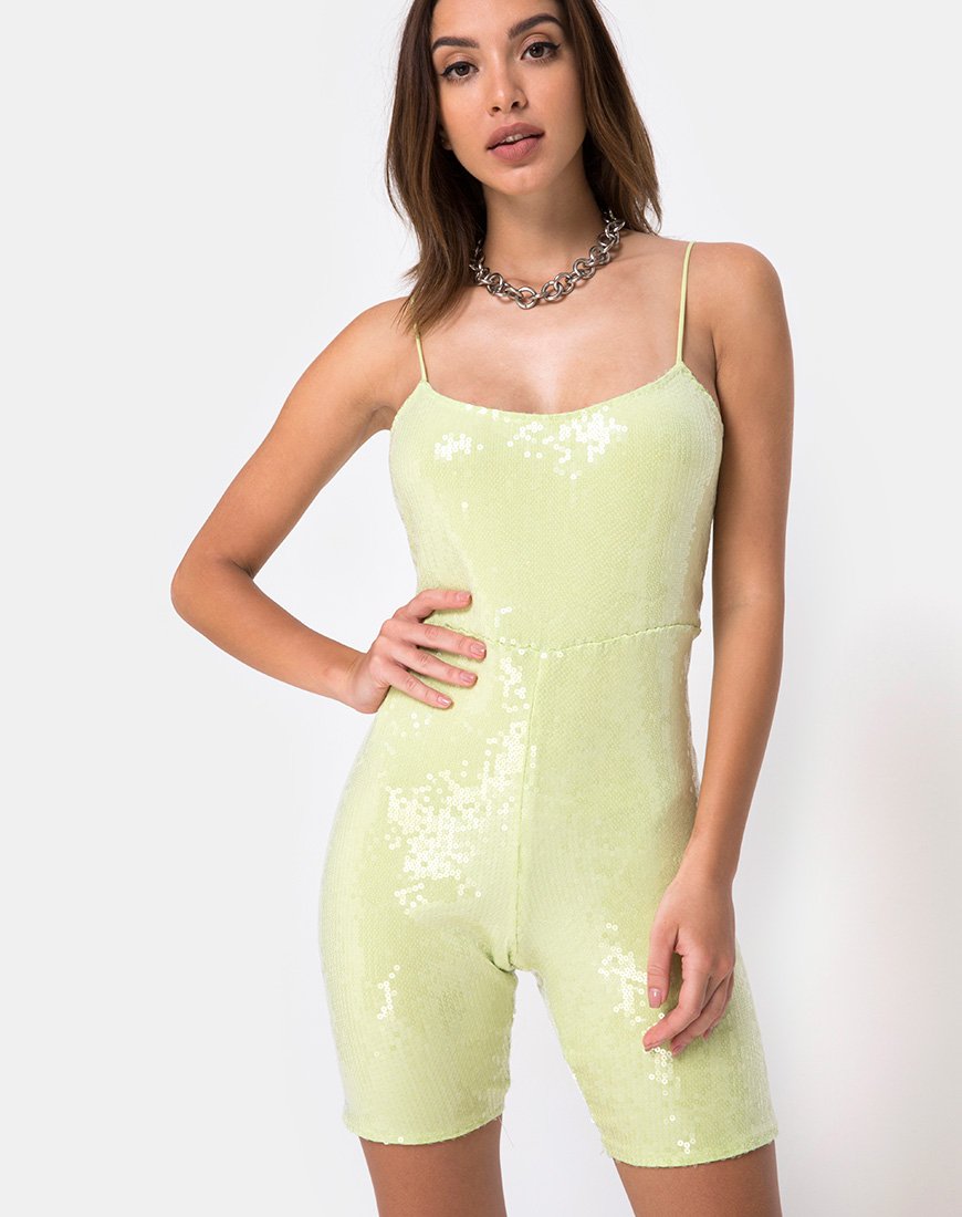 Image of Saleta Unitard in Pistachio Green with Clear Sequin