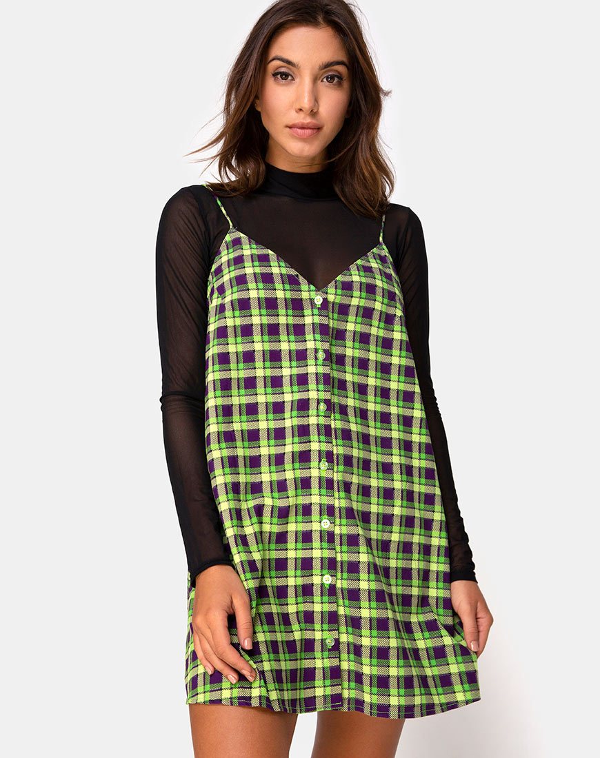 Image of Sanna Slip Dress in Green and Purple Check