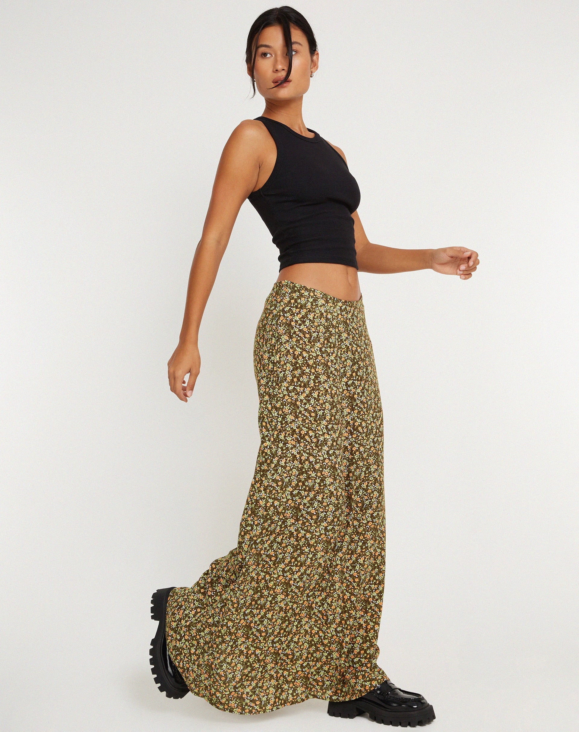 image of Sayan Maxi Skirt in Grungey Floral Khaki