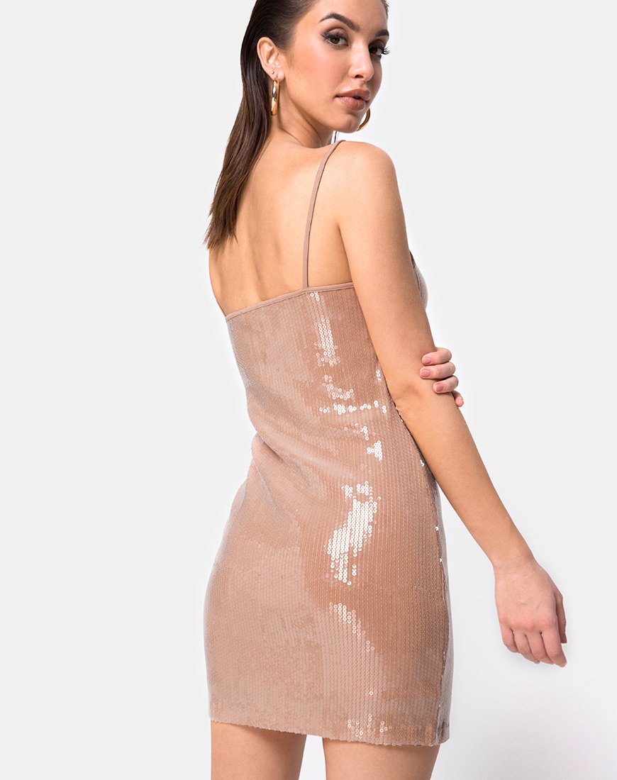 Image of Selah Bodycon Dress in Camel with Clear Sequin