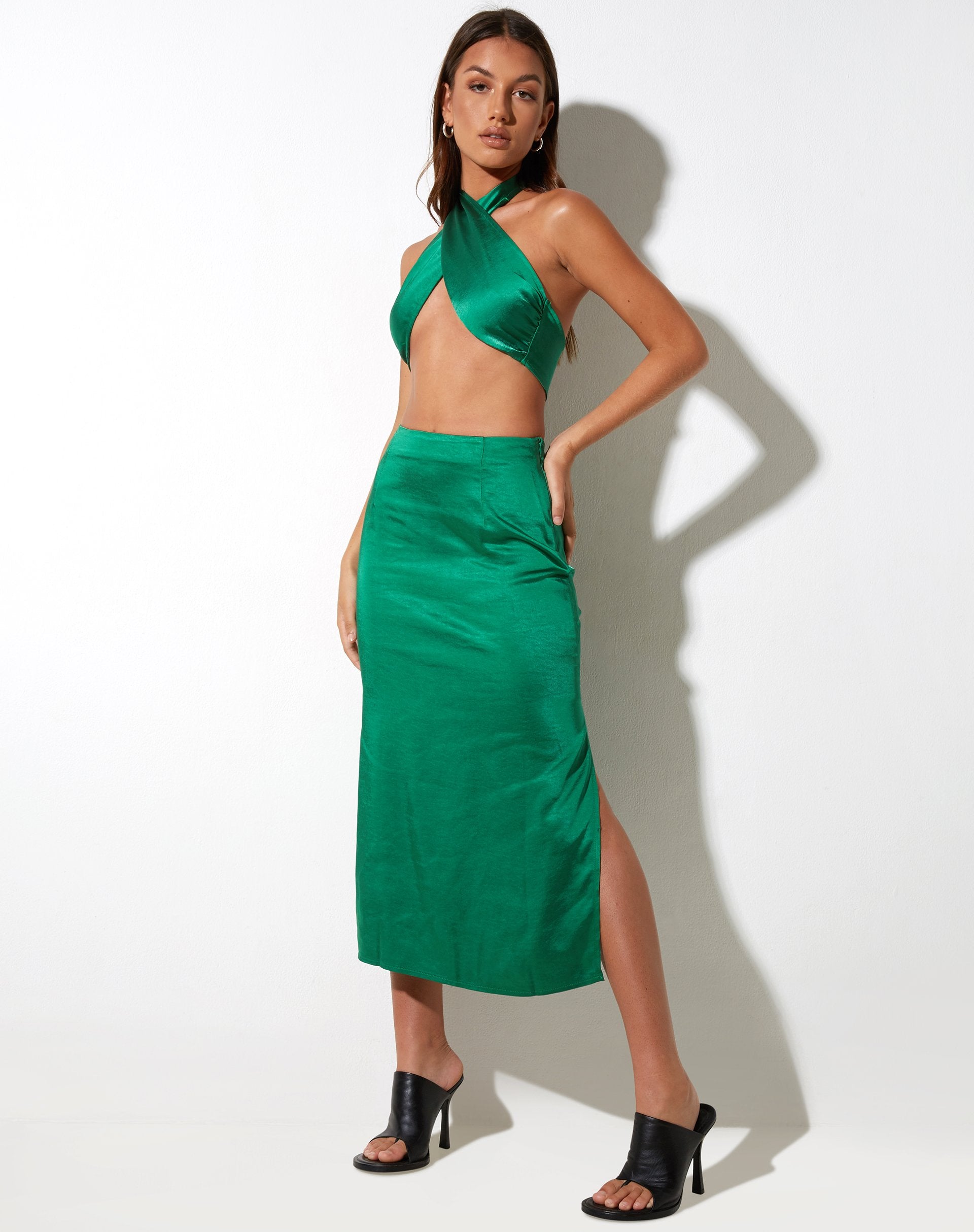 image of Tindra Midi Skirt in Satin Kelly Green