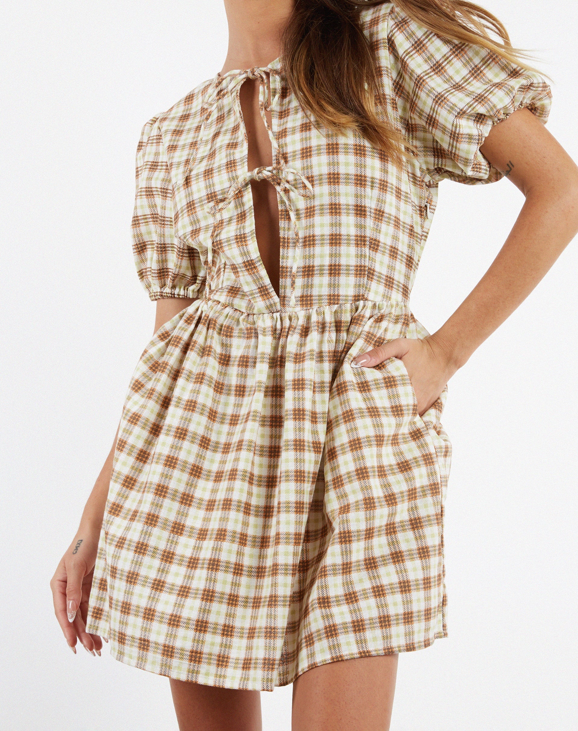 Image of MOTEL X JACQUIE Shirley Mini Dress in Yellow Brown Check