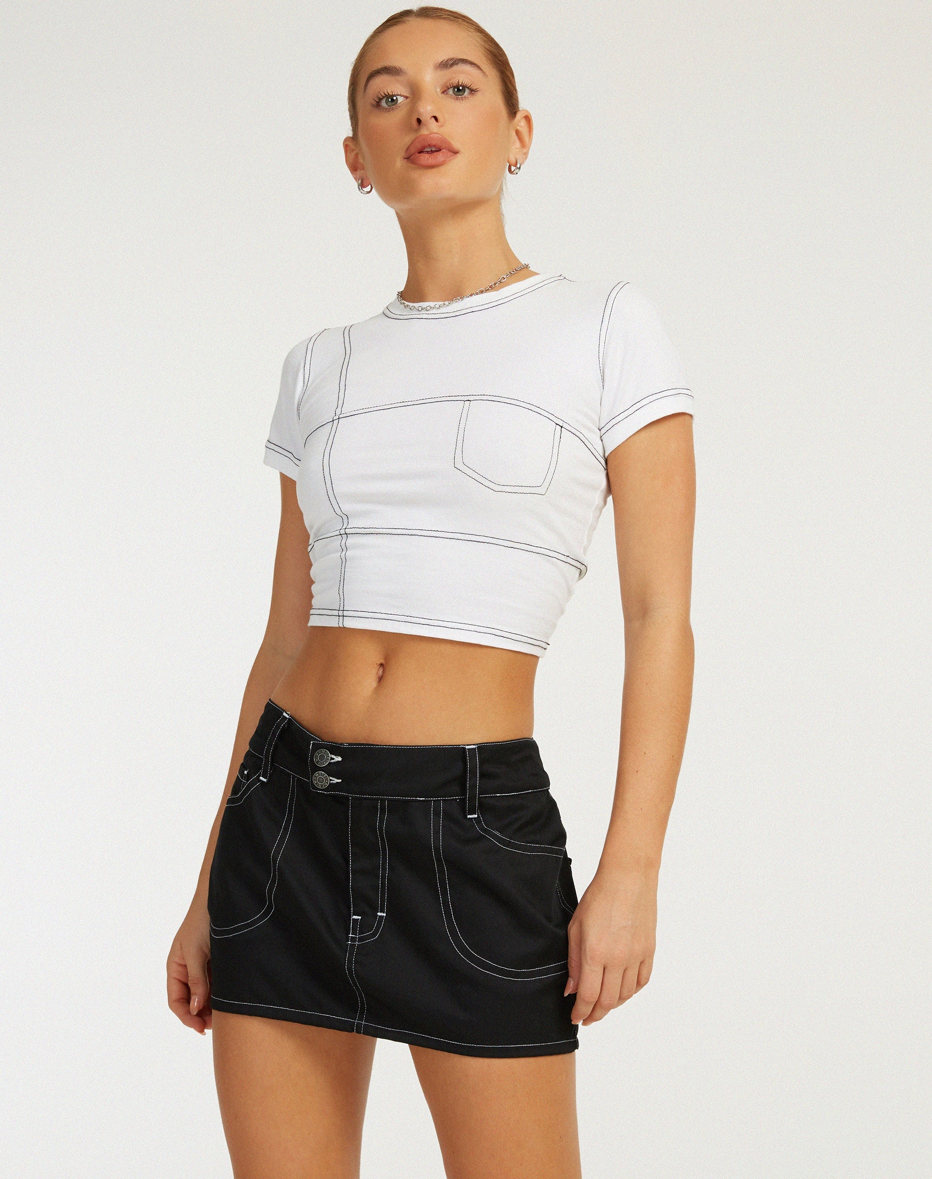 image of Shyla Cropped Tee in White with Black Stitch
