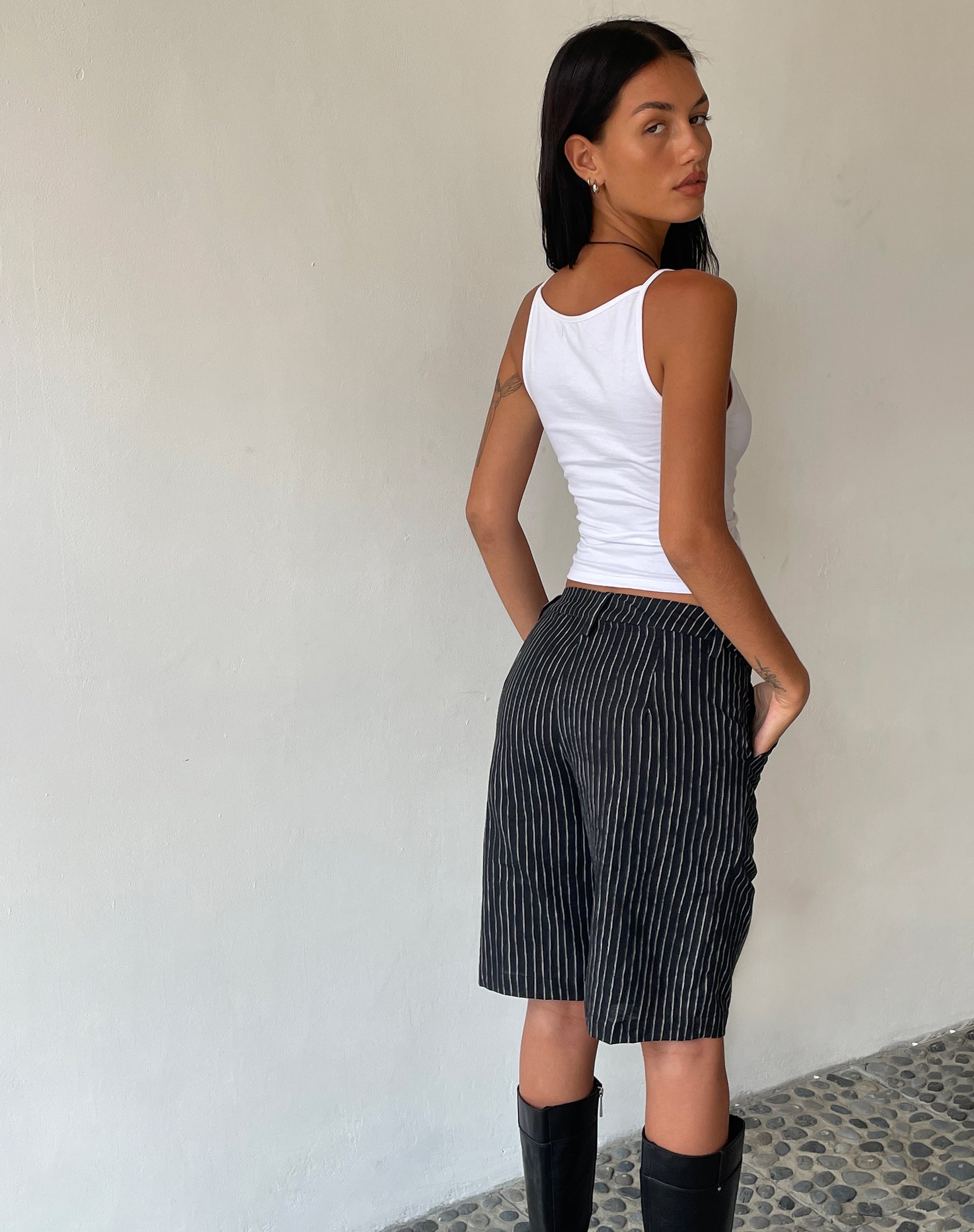 image of MOTEL X JACQUIE Tabaru Longline Shorts in Sketchy Stripe Black