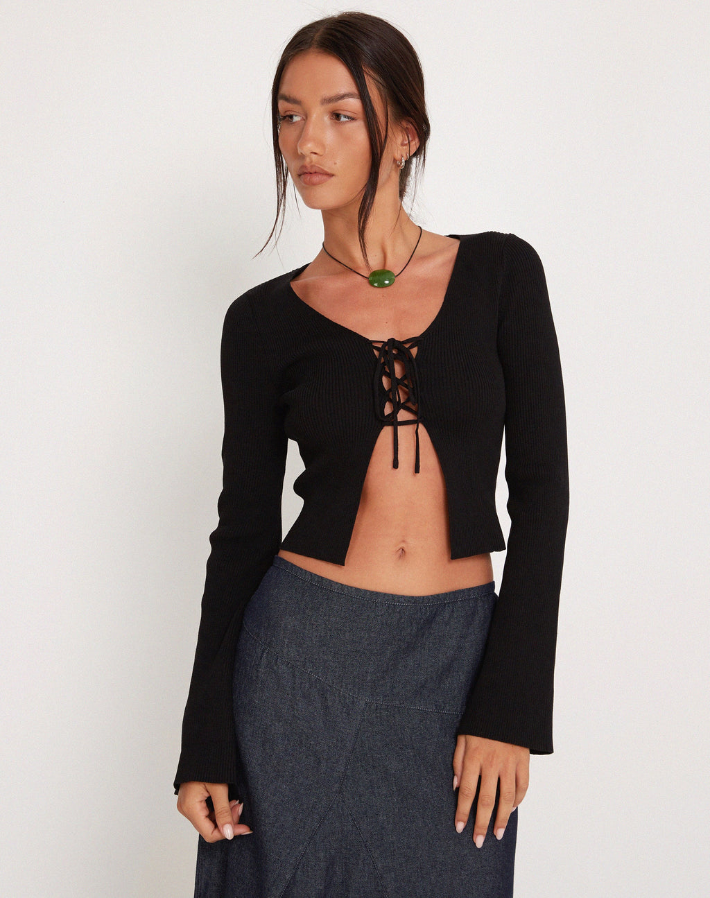Teagan Lace Up Cropped Cardigan in Black