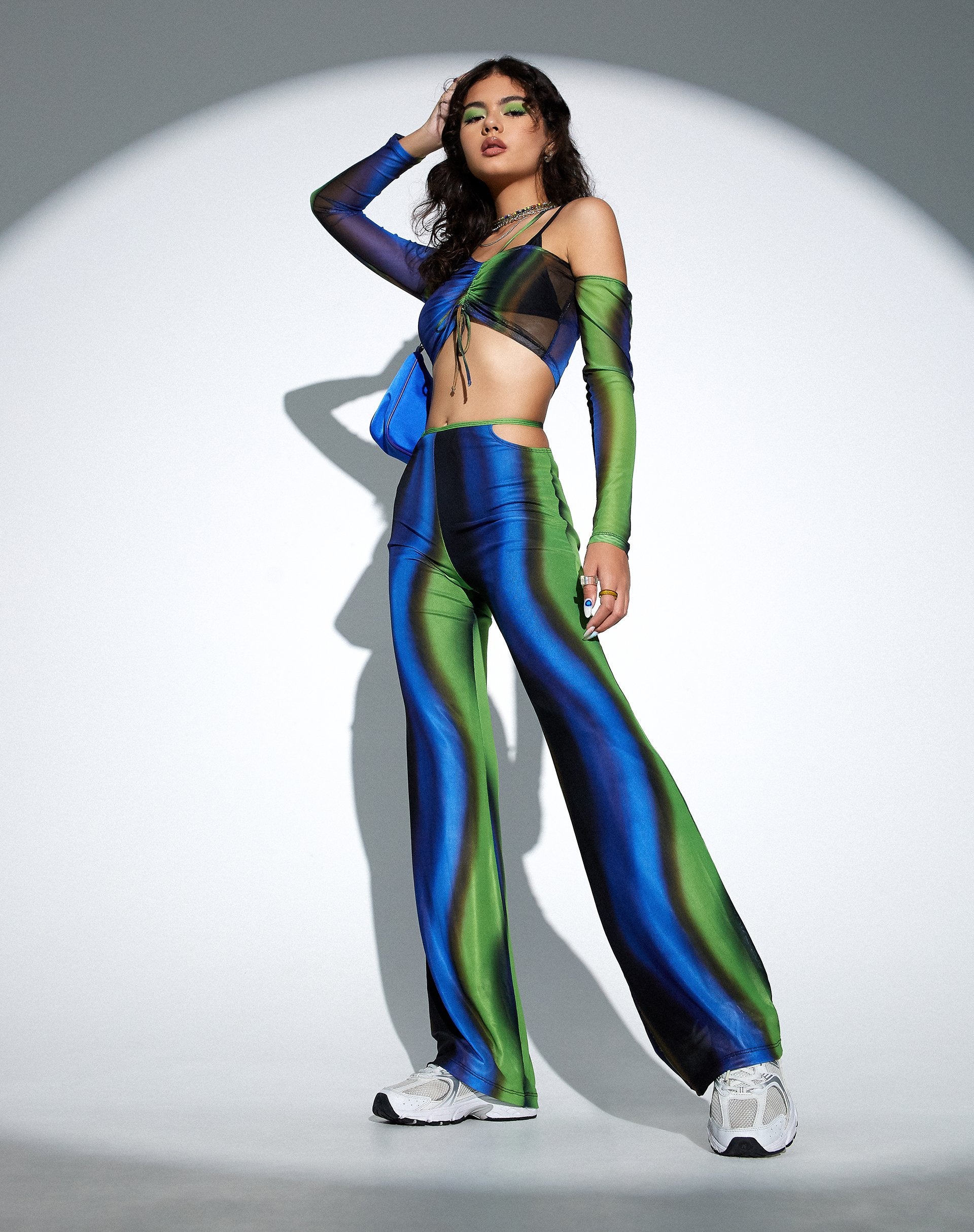 Image of MOTEL X OLIVIA NEILL Mares Flare Trouser in Solarized Green and Blue