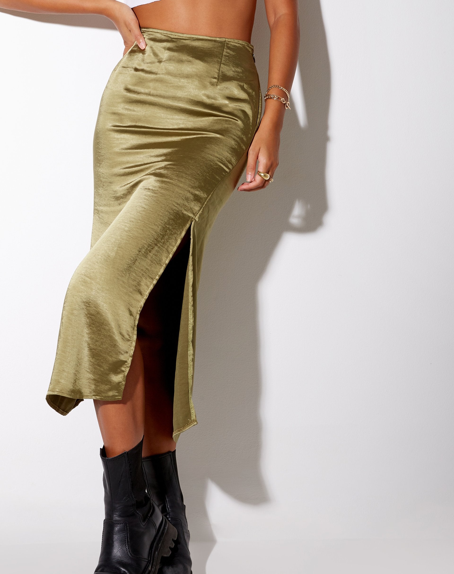 Image of Tindra Midi Skirt in Satin Olive
