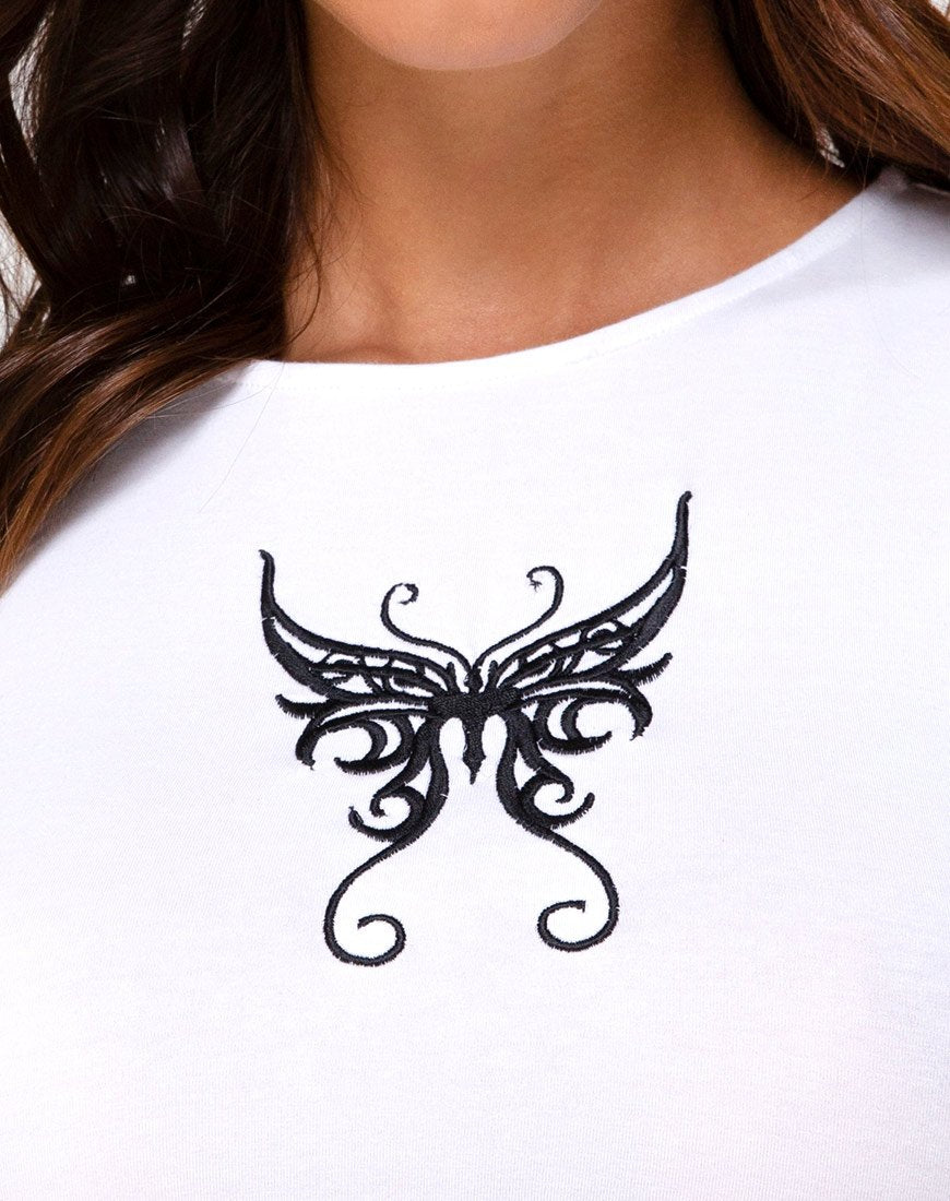 Image of Tindy Top in White w/ Black Butterfly Embro