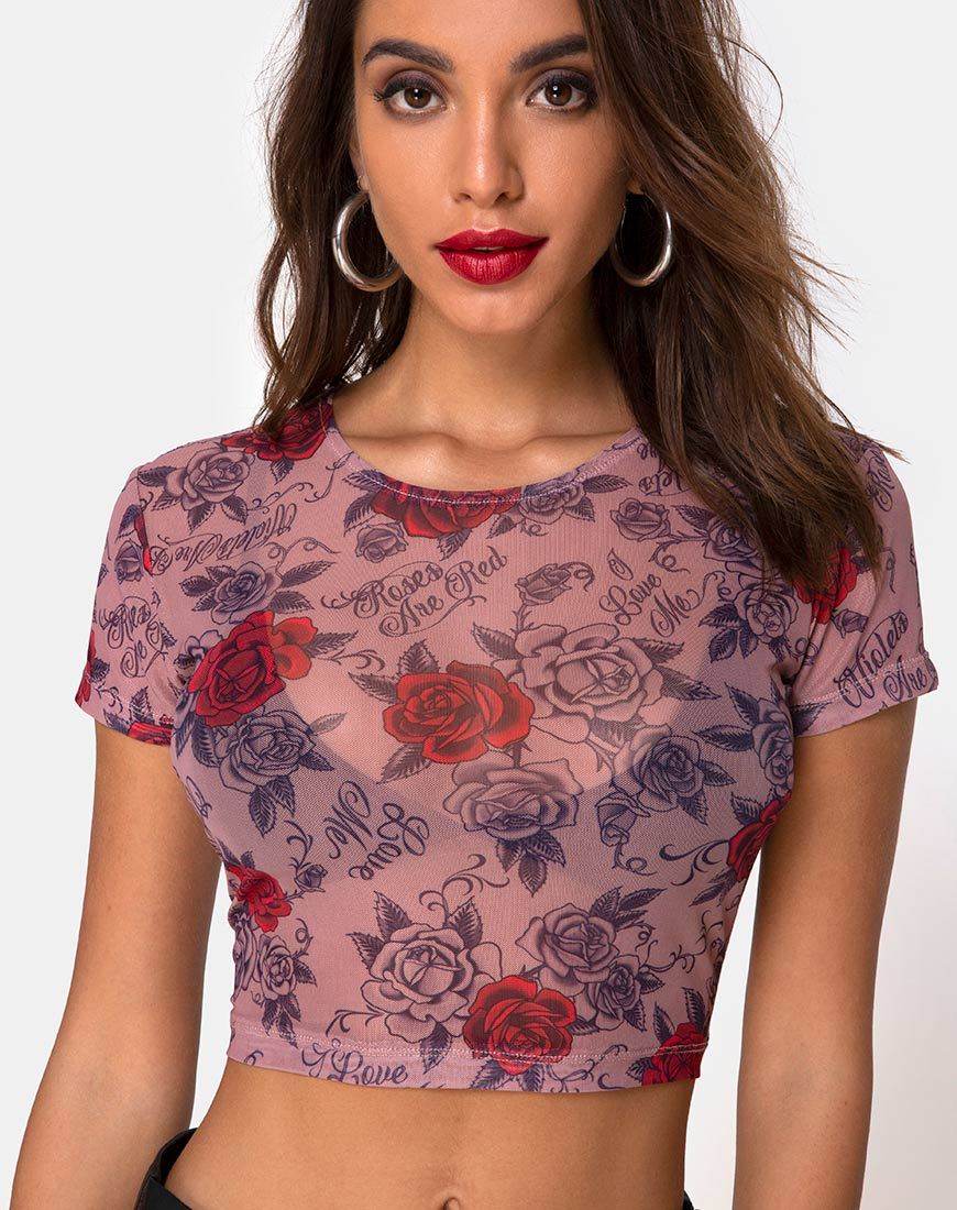 Image of Tiney Crop Tee in Roses Are Red Mesh