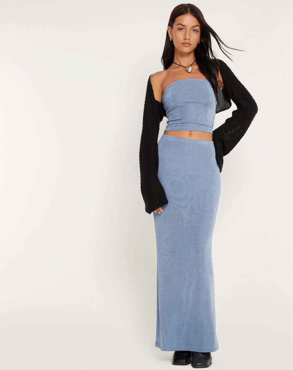Tulus Low Rise Maxi Skirt in Slate Blue