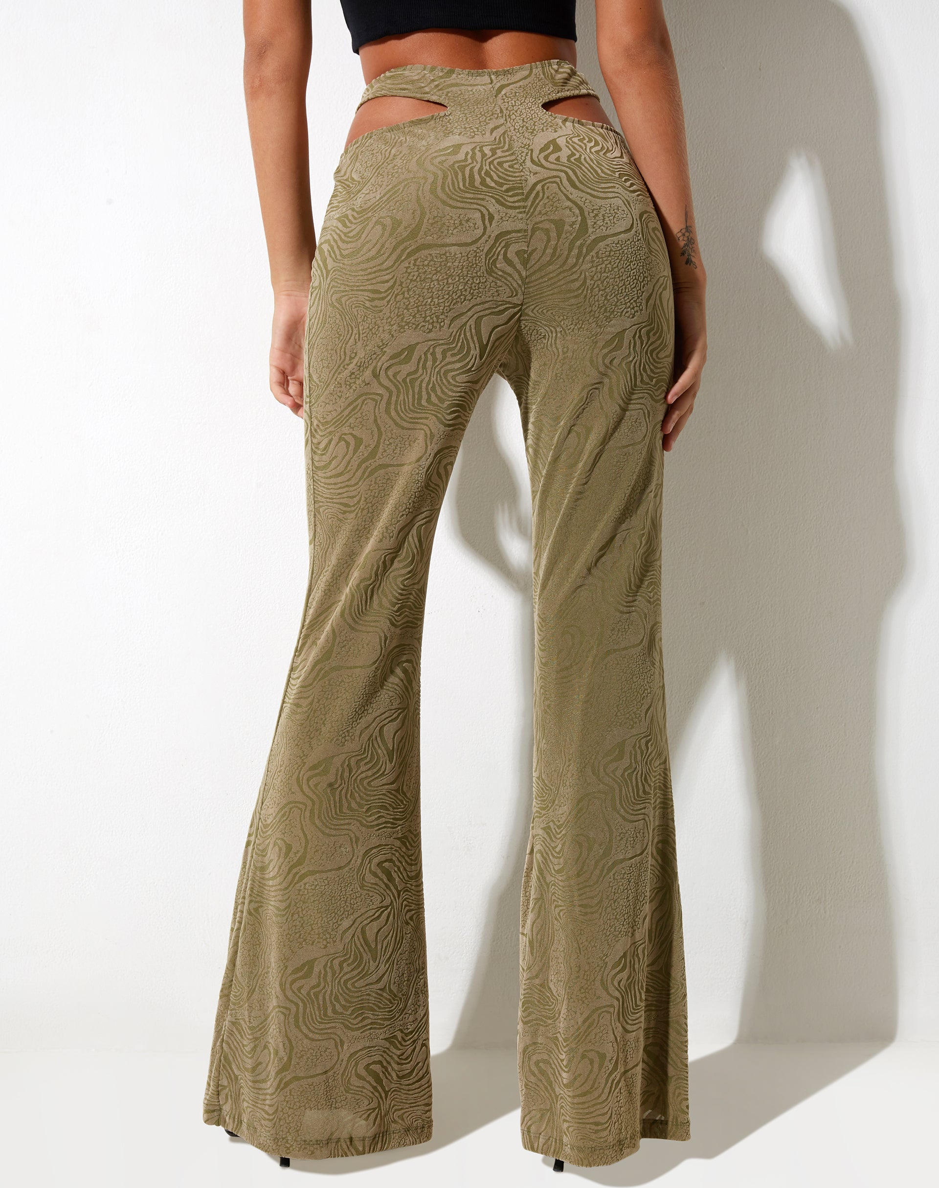 IMAGE OF Flare Trouser in Mixed Animal Flock Olive